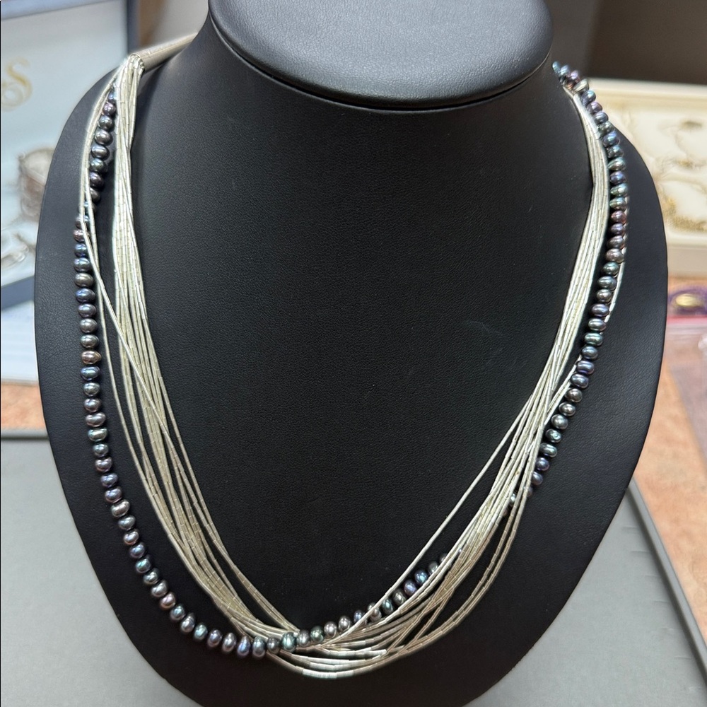 Vintage 925 Sterling Liquid Multi Strand (10) Peacock pearl Necklace 24"